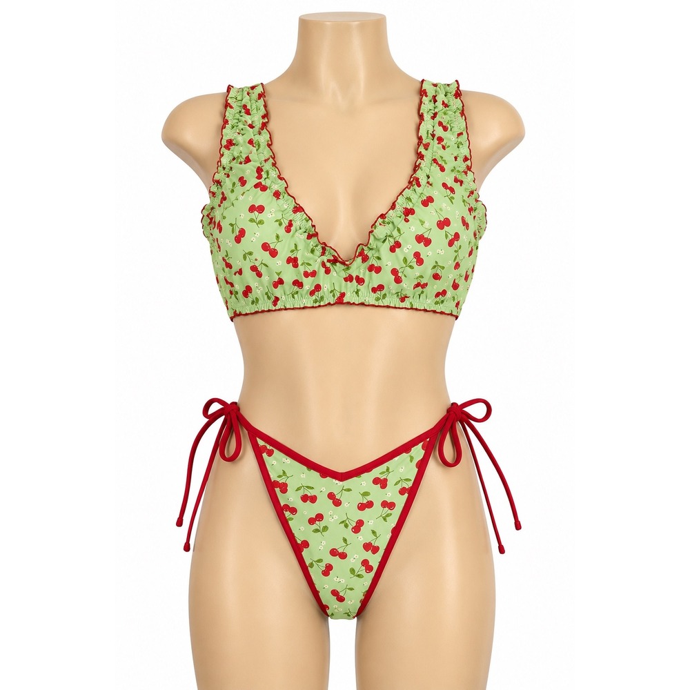 NWT Frankies Bikinis x VS PINK Cherry Print Ruffle Bikini Set Green Red Medium